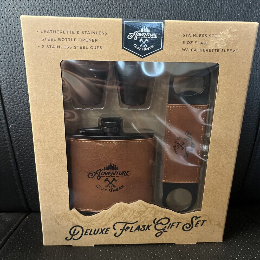 Adventure Out There Deluxe Flask Gift Set Drinkware 4 Pc. NEW